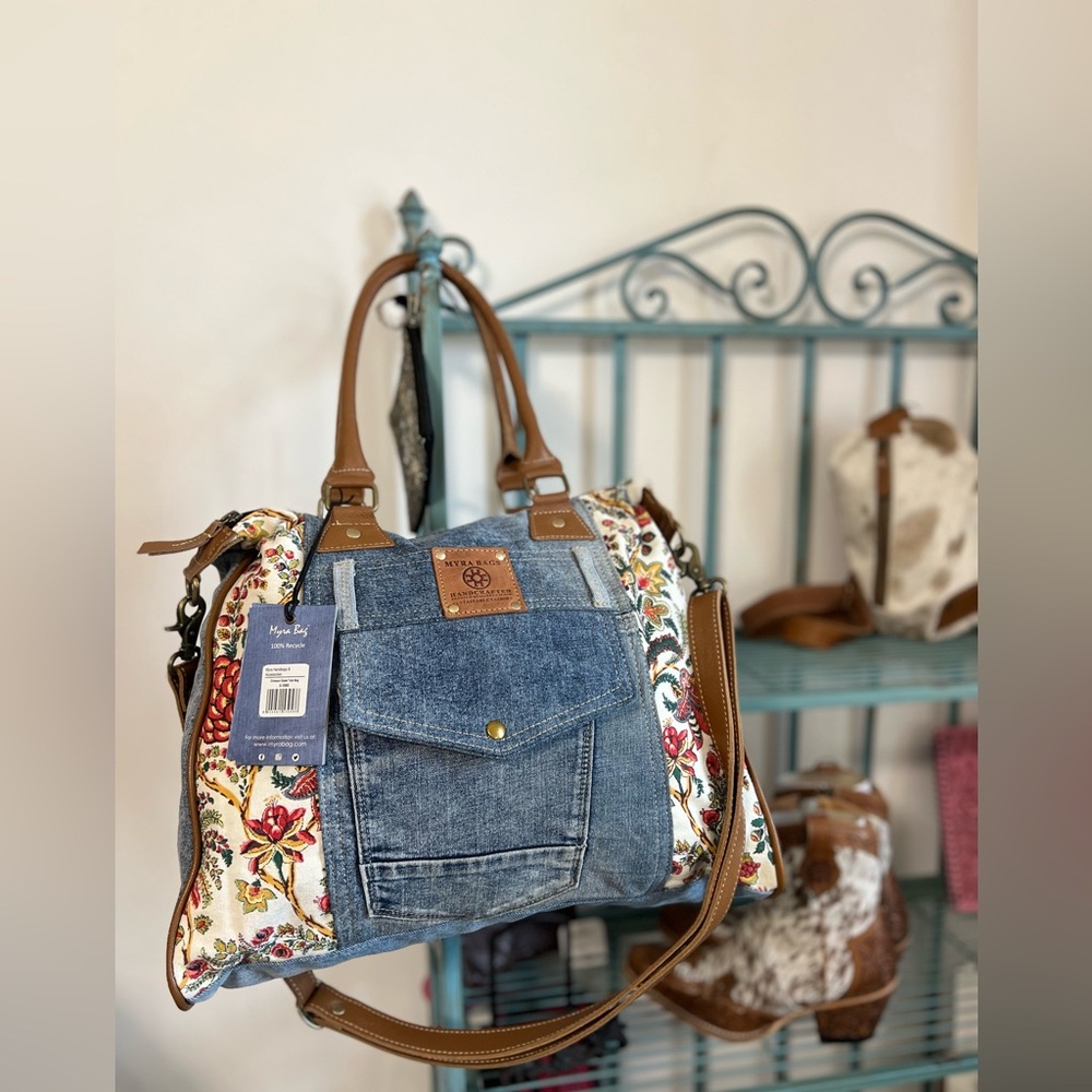 Myra - Western Denim Floral Tote Bag Boho Cowgirl Purse Vintage 90s Style - Picture 3 of 15